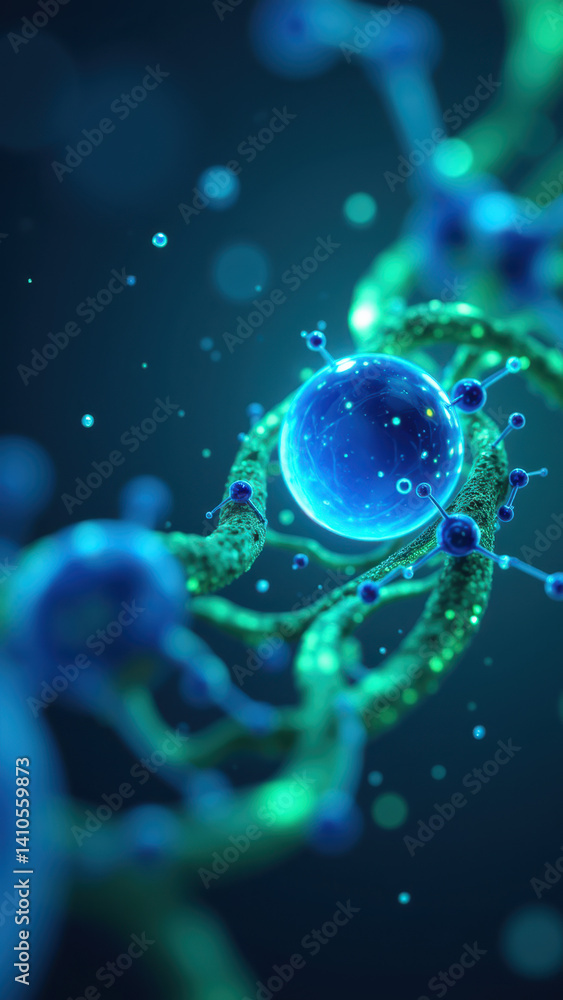 Poster stunning 3d rendering of a glp-1 molecule with vibrant blue and green colors highlighting its struct