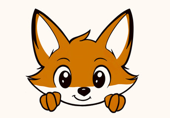 Cute cartoon fox character with big eyes and a smiling face peeking over a surface with paws visible on a white background