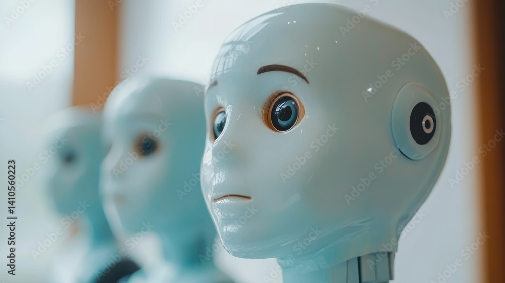 Poster three humanoid robots with smooth white faces in a row