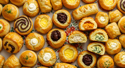 Fototapeta premium Assorted Sweet And Savory Danish Pastries For Festive Holiday Breakfast