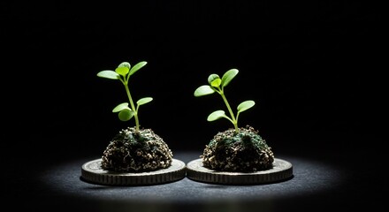 暗い背景に輝く、二つの芽生え。力強い生命力を感じる、対照的な構図。