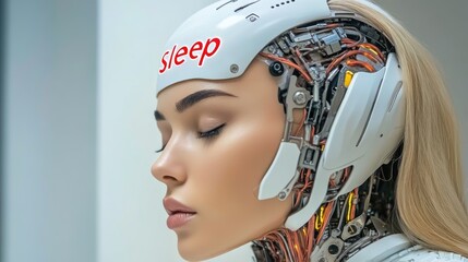 A robotic humanoid pressing a "Sleep" button located on its own forehead.