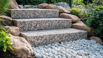 Elegant granite steps lead upward through a landscaped garden, bordered by rocks and white gravel