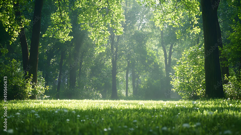 Poster sunlight filtering through lush forest trees