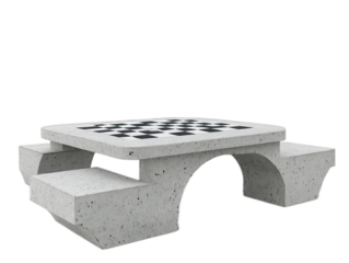 Concrete chess table with integrated seating, public game station, recreational park furniture, outdoor entertainment surface, white background