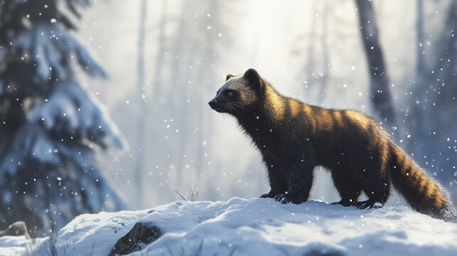 An adult wolverine (gulo gulo luscus) standing proudly on a blanket of fresh, white snow