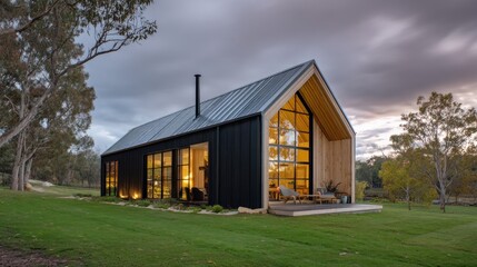 Obraz premium Modern barn-style house with metal roof and soft timber interior
