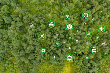 icon reduce CO2 emission concept on the top view of the forest for environmental, Sustainable...