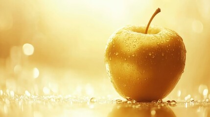 A yellow apple with water droplets on a shiny surface