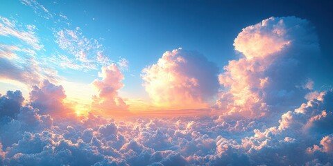 Fototapeta premium Vibrant sunset over a sea of clouds with stunning colors and soft clouds stretching across the horizon