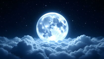 A luminous full moon surrounded by clouds with stars sparkling in the night sky.