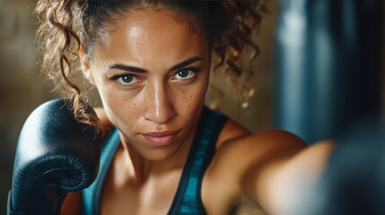 Powerful Female Boxer in Dynamic Punching Stance Showcasing Strength and Determination