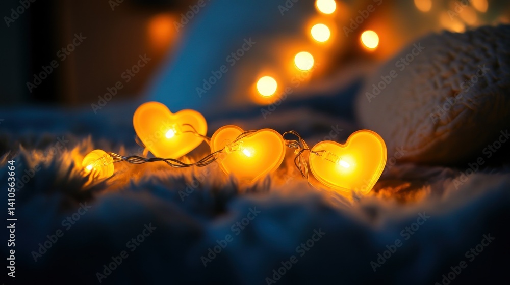 Poster warm glowing heart shaped string lights illuminating soft textured surface