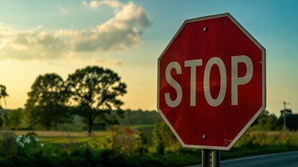 Obraz premium Stop Sign Against a Scenic Landscape