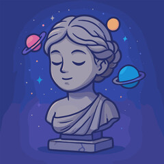 Cosmic Statue Vector – Serene Cartoon Bust with Planets and Stars Illustration