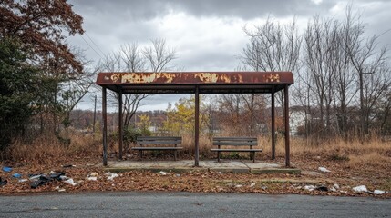 Obraz premium An abandoned bus stop shelter with rusty roof and benches