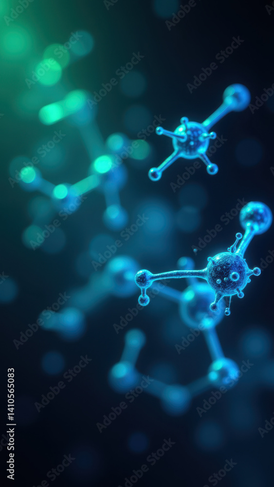 Poster a high-resolution 3d rendering of a glp-1 molecule with fluorescent atoms in a dark background.