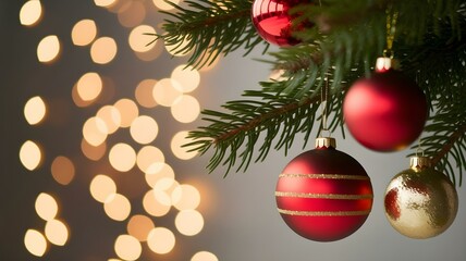 Obraz premium Christmas tree ornaments and lights provide a festive holiday feeling.