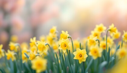 Fototapeta premium A field of radiant yellow daffodils blooming under the morning sun in a lush garden.