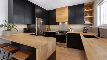 Modern black and oak contrast cabinetry in small kitchen