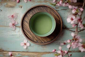 Top view of a green cup of tea on a wooden plate and table with a few cherry blossom petals surrounding it