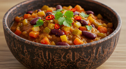 Fototapeta premium Spicy Vegetarian Chili Bowl With Red Beans And Fresh Cilantro Leaves