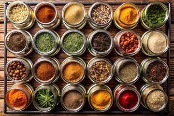 Assortment of colorful and flavorful spices in glass jars, top down view