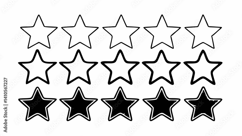 Poster illustration of a rating system with fifteen stars arranged in three rows, some filled created with 
