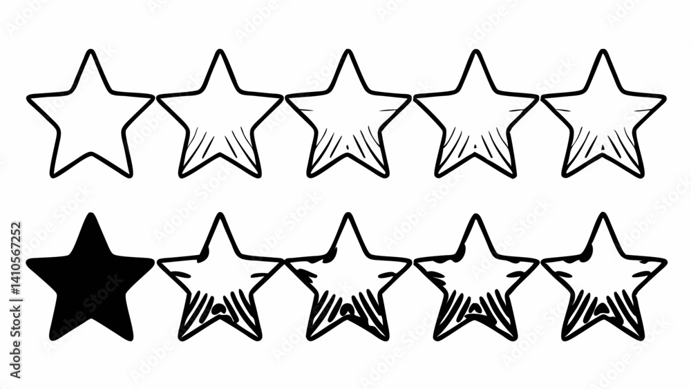 Poster ten hand drawn stars arranged in two rows with one star filled in black and the rest outlined create