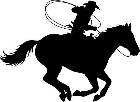 A vector silhouette of a wild west cowboy riding a running horse wipe rope in hand