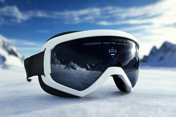 Advanced ski goggles resting on snowy terrain under a clear blue sky in a mountain landscape