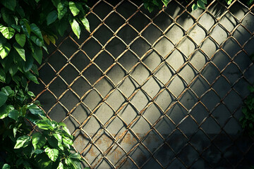 Rusty chain-link fence with vibrant greenery.