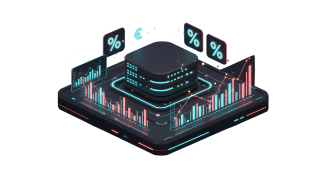 Isometric data server with percentage signs and charts against a black background in a rendered style