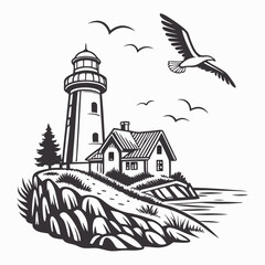 Old white lighthouse tower architecture on the shore against the sky