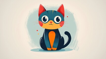 Cute cartoon cat, sitting, painted background, children's book illustration