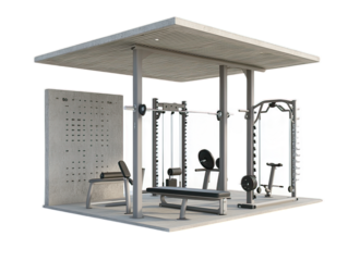 Concrete outdoor exercise station with multiple fitness equipment pieces, public health amenity, park workout furniture, white background