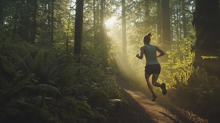 Side View of a Person Running on a Forest Trail with Sunlight Breaking Through Trees