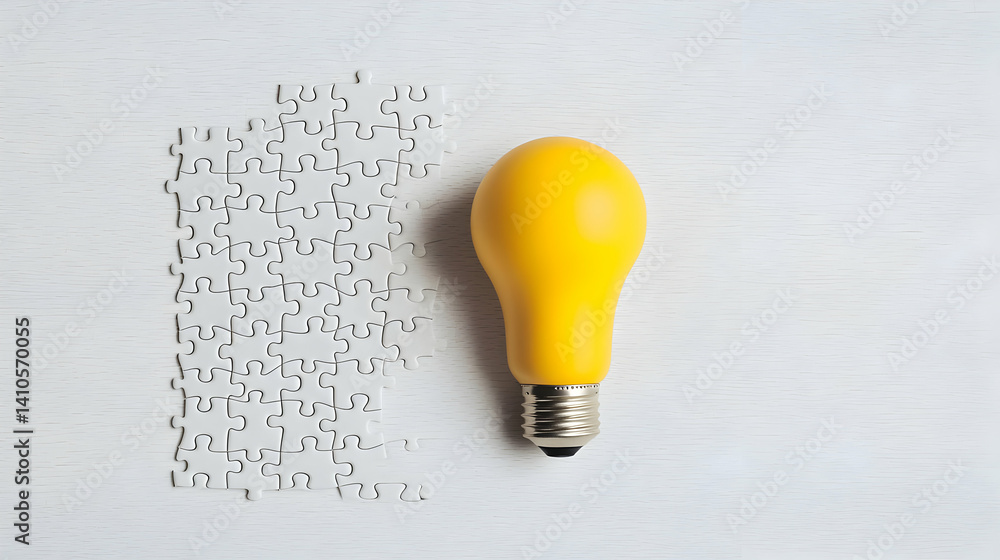 Aufkleber yellow lightbulb on white surface with puzzle pattern background