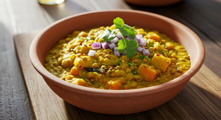 Bowl Of Delicious Lentil Stew With Vegetables On A Wooden Surface