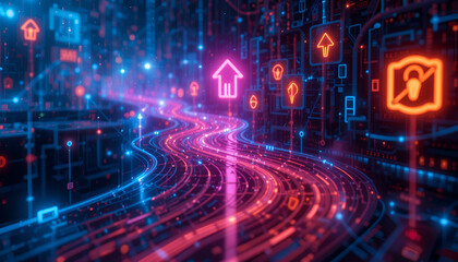 Fototapeta premium Abstract digital landscape with glowing red data streams flowing through a network of blue information and charts.