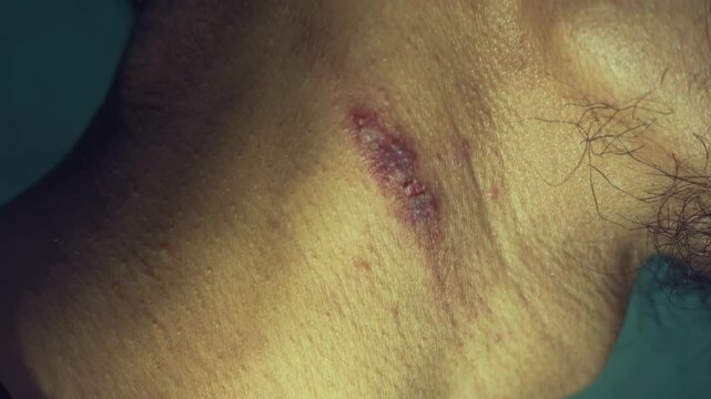Skin lesion symptom in Shingles or Herpes zoster in person. Viral disease Varicella virus. Painful skin rash with blisters on the neck.