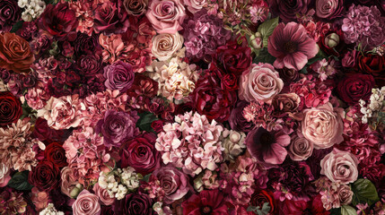 Fototapeta premium A lush tapestry of burgundy roses, pink hydrangeas, and deep red carnations creates a stunning floral backdrop perfect for elegant designs and romantic projects showcasing rich