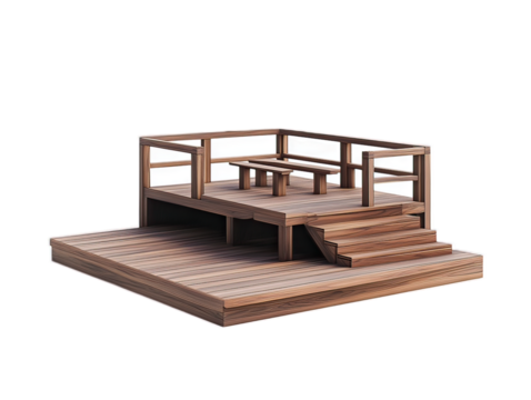 Wooden deck platform with integrated benches, elevated viewing area, architectural landscape furniture, white background