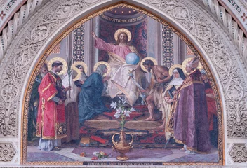 Gordijnen FLORENCE, ITALY - MARCH 20, 2025: The mosaic of Jesus Christ the Pantokrator among the saints on the facade of Cathedral Santa Maria del Fiore by Augusto Passaglia (1899 - 1903). © Renáta Sedmáková