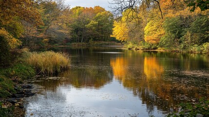 Fototapeta premium A scenic view of a reflective lake surrounded by colorful trees