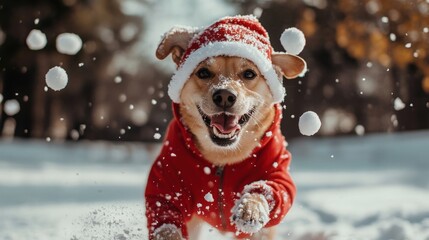 A joyful dog in a festive red Santa hat plays in the snow.