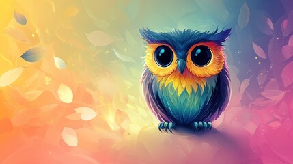 Fototapeta premium Cute owl, colorful background, whimsical art, nature scene, children's illustration, perfect for cards or prints