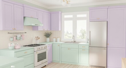 パステルカラーの優しい光が差し込む、清潔感溢れるキッチン。穏やかな雰囲気の空間。