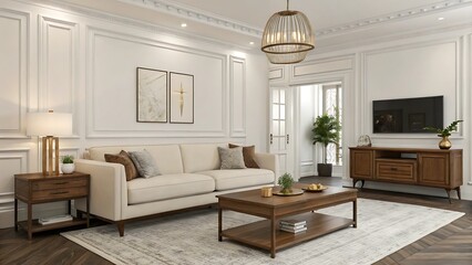 Fototapeta premium Elegant Living Room With Beige Sofa Wooden Accents And Modern Design