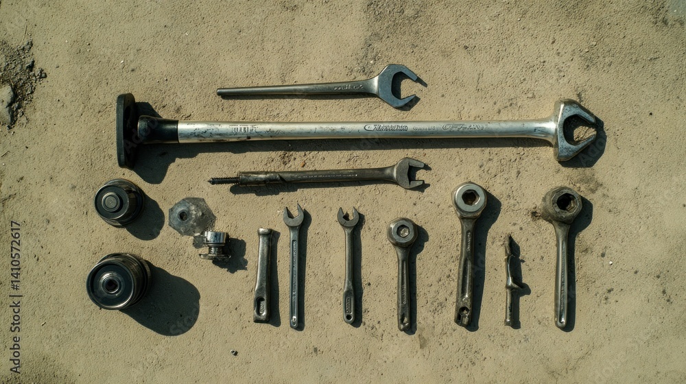 Poster tools and hardware items arranged on a rough textured surface